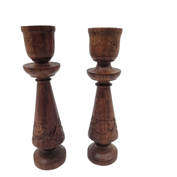 VINTAGE Carved wooden candle holders - Picture 1 of 7